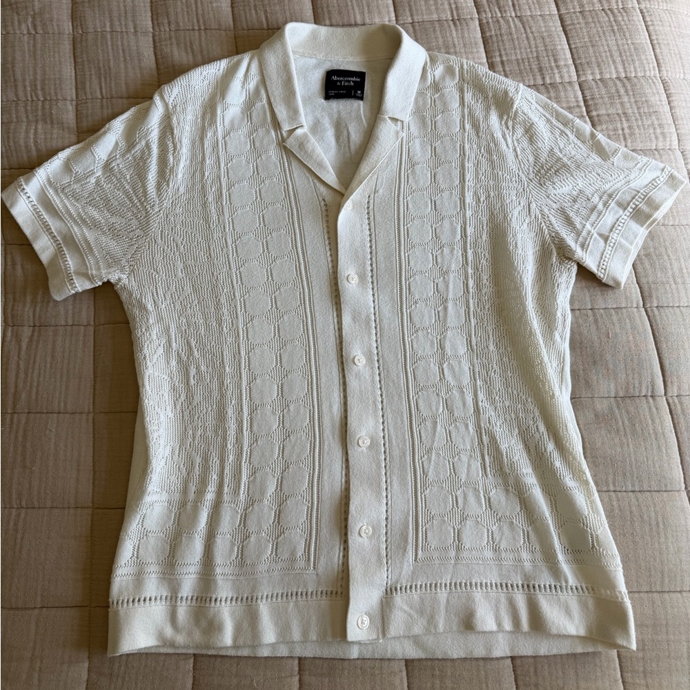 Abercrombie White Short Sleeve Button-Up Sweater Polo